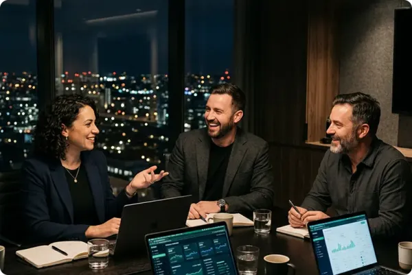 Colleagues discussing data dashboards during an evening meeting