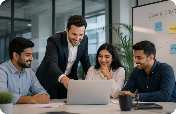 Team reviewing growth strategy together on laptop.